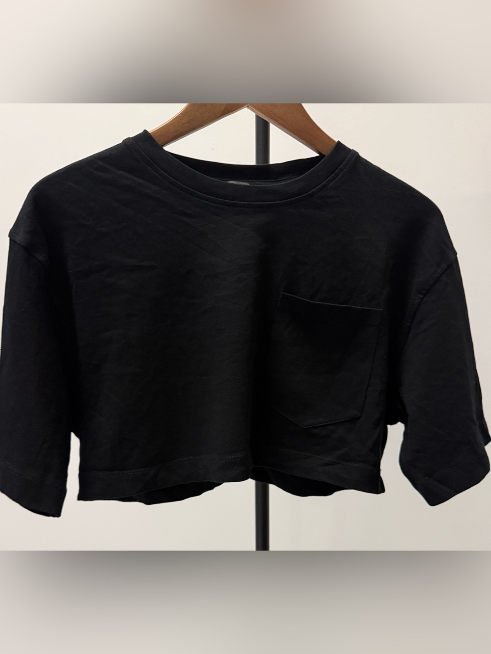 Zara Black Boxy Cropped Pocket T-Shirt Tee | Size S